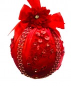  Glob Craciun decorativ Premium Lux, matase, cristale si perlute, Rosu, 8 cm