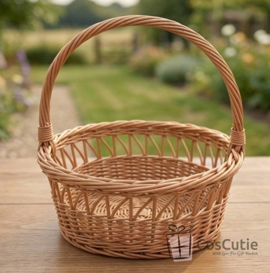 Cos din rachita, model cadou rotund dantelat 40 cm
