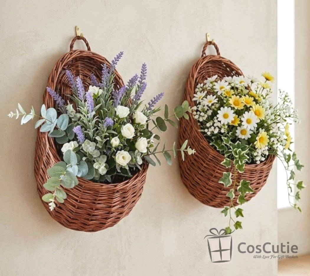 Cos de Perete din Rachita, Culoare Mahon, Suport Suspendat Rustic
