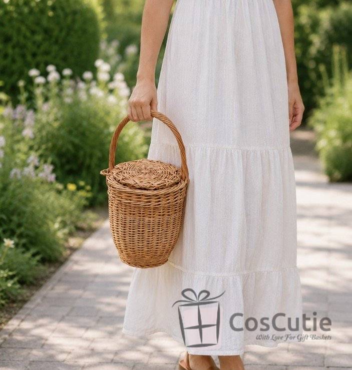 Cos impletit din rachita cu capac, tip poseta, 24x40 cm