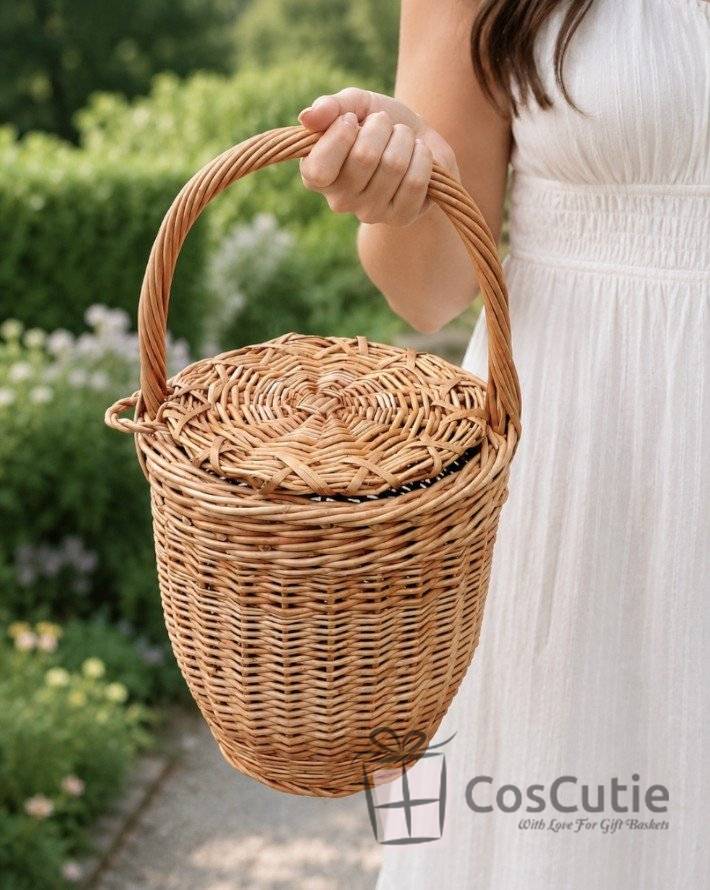 Cos impletit din rachita cu capac, tip poseta, 24x40 cm