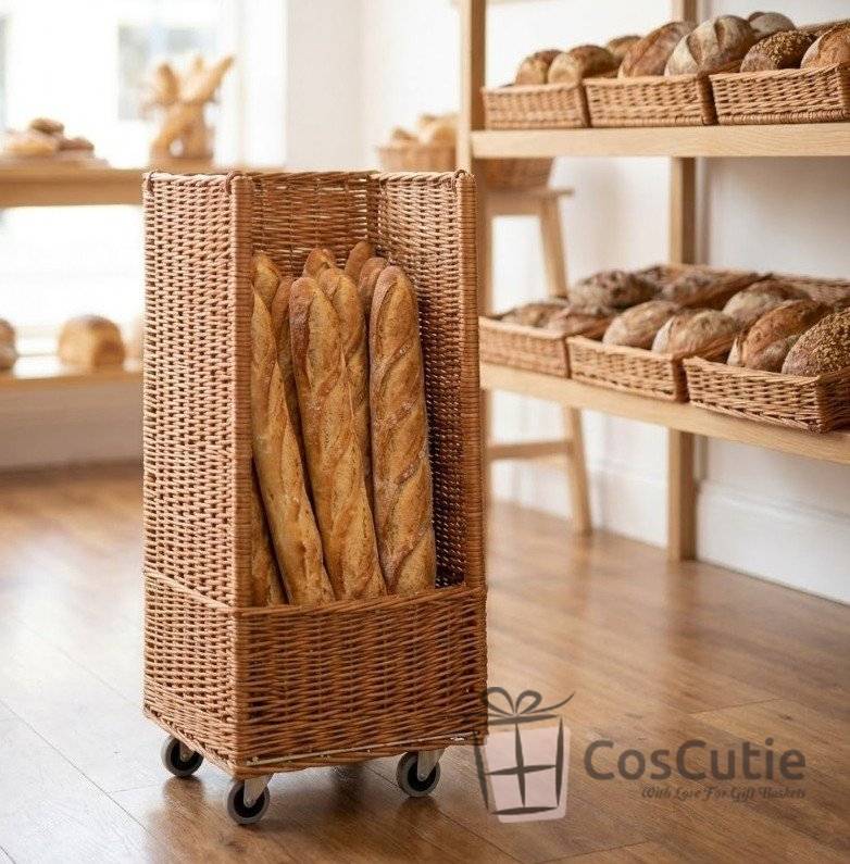 Cos inalt din rachita pentru baghete, cu roti, 38x84 cm