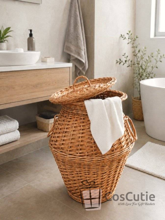 Cos pentru rufe din rachita naturala cu capac, 35x50x70 cm