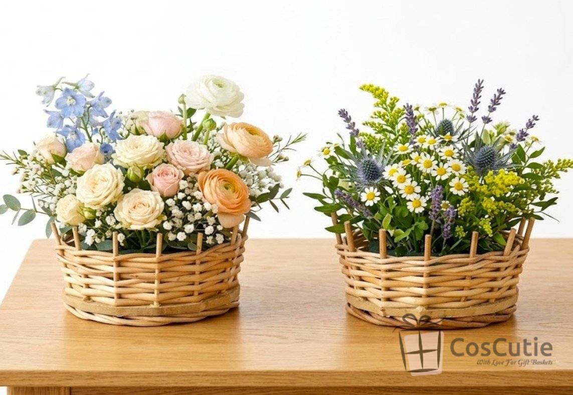 Cos Mic din Rachita pentru Flori cu Baza din Placaj - 15x6 cm