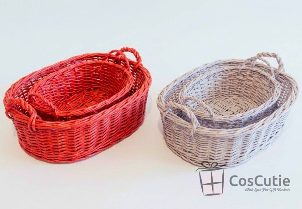 Cos din rachita cu manere, Alb/Rosu 30x20x10cm