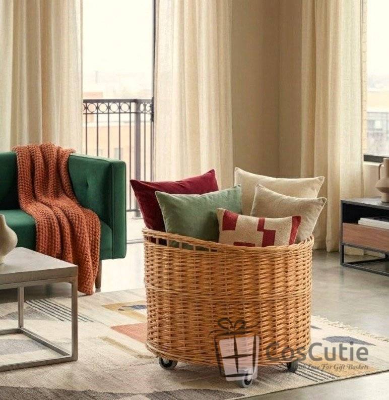Cos rotund mobil din rachita pentru depozitare si organizare, 50x44 cm
