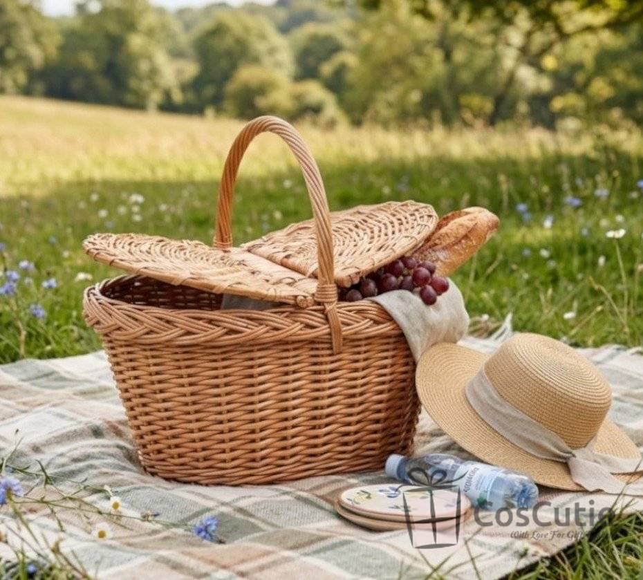 Cos de Picnic din Rachita cu 2 Capace, Model Oval Conic - 47x30 cm