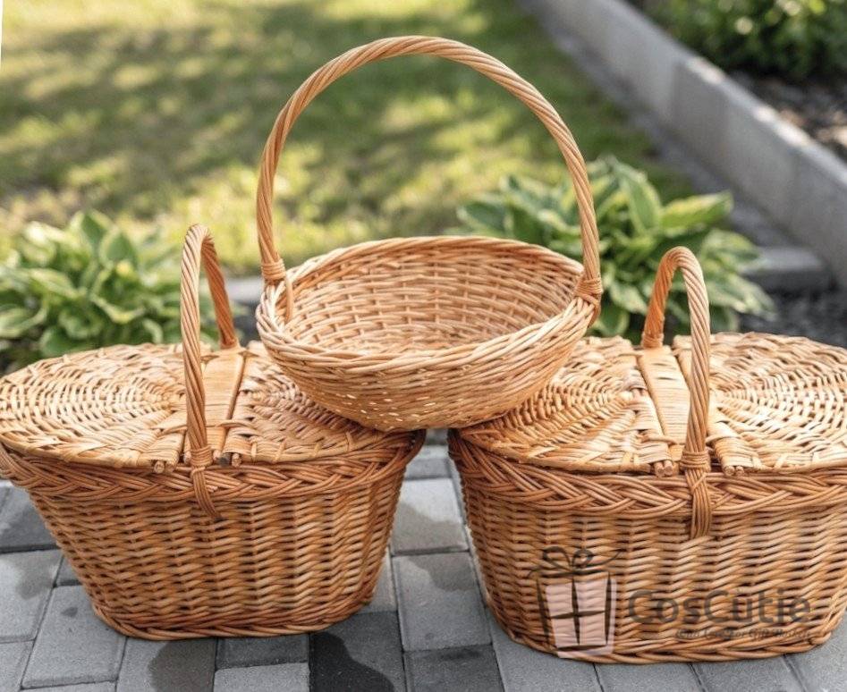 Cos de Picnic din Rachita cu 2 Capace, Model Oval Conic - 47x30 cm