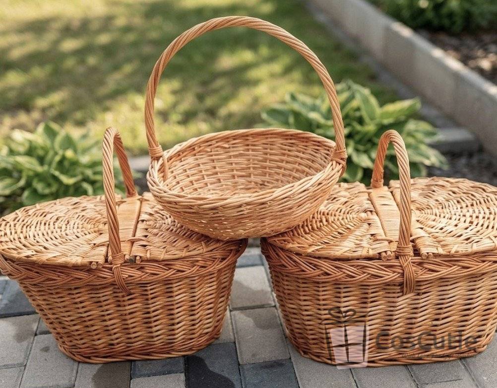 Cos de Picnic din Rachita cu 2 Capace, Model Oval Rotunjit - 48x30 cm