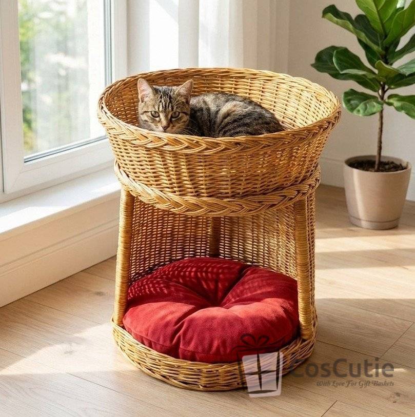 Culcus etajat din rachita pentru pisici, 38x42x55 cm