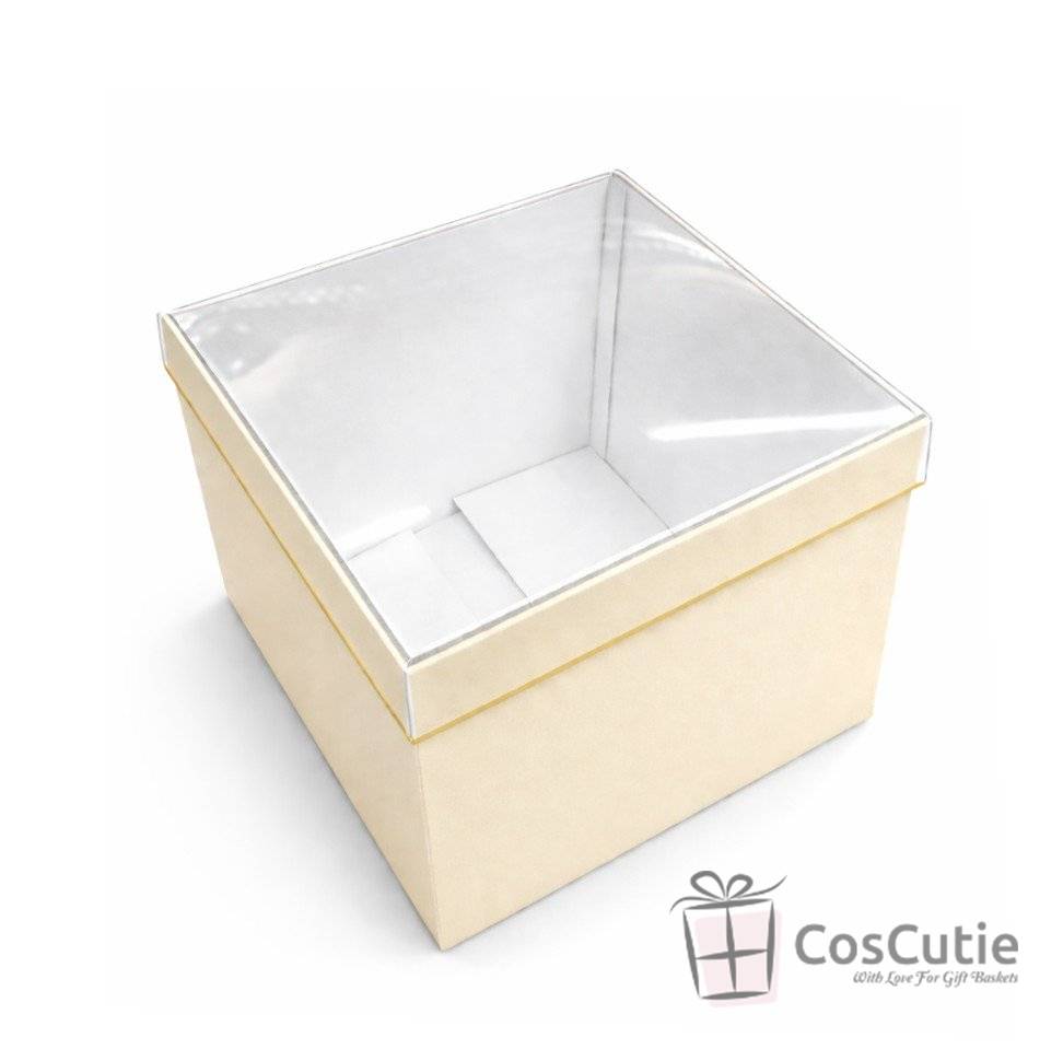 Cutii cadou patrate Crem, capac transparent, 21x21x20cm
