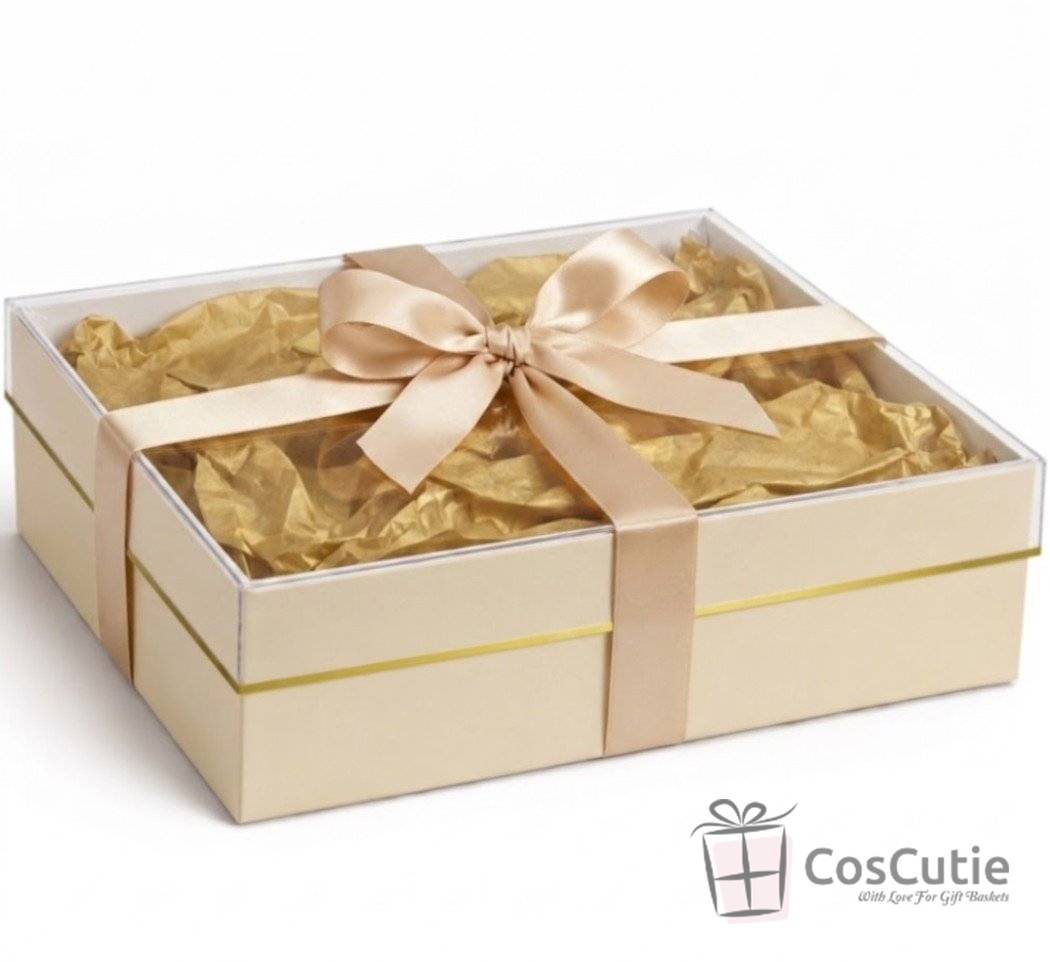Cutii cadou patrate cu capac transparent 29x29x12cm, Crem