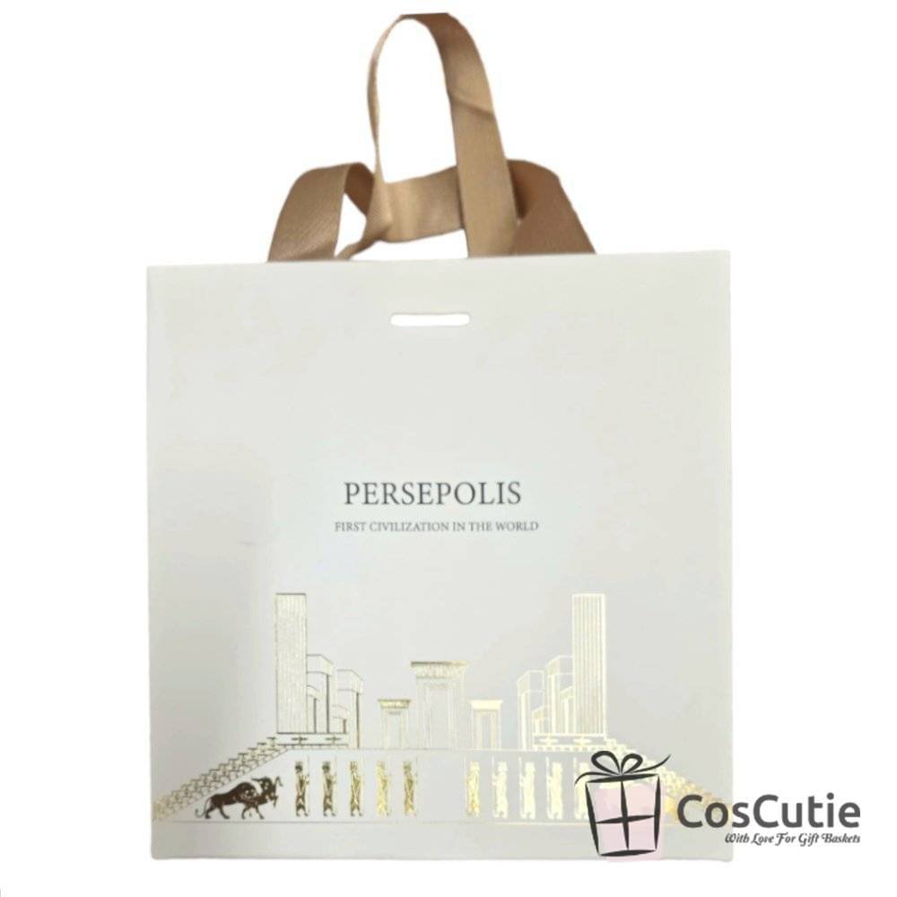 Pungă cadou Persepolis Folio – Perlă cu print auriu, 17x17x11 cm