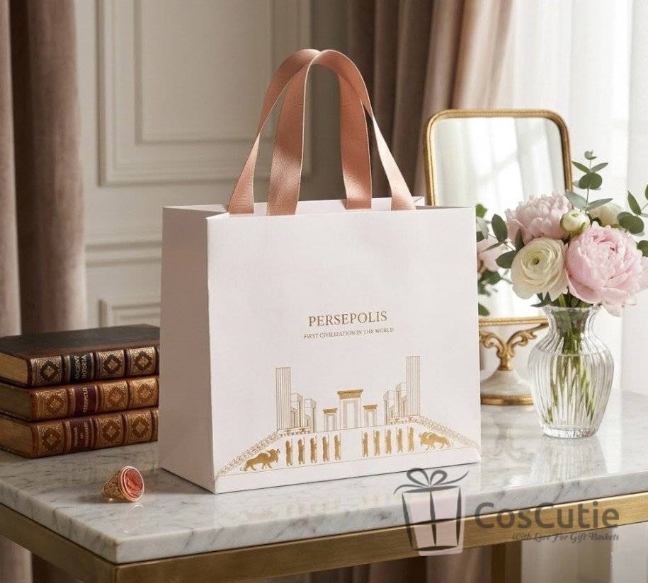 Pungă cadou Persepolis Folio – Perlă cu print auriu, 25x20x11cm