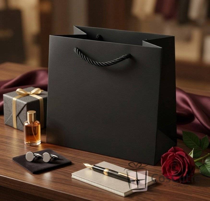 Punga cadou premium Negru 17x17x11 cm, carton Soft Touch 225 g/mp