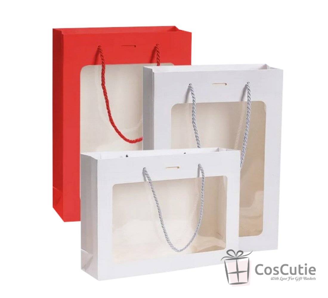 Pungi cadou albe din carton cu fereastră, 32x26x15cm