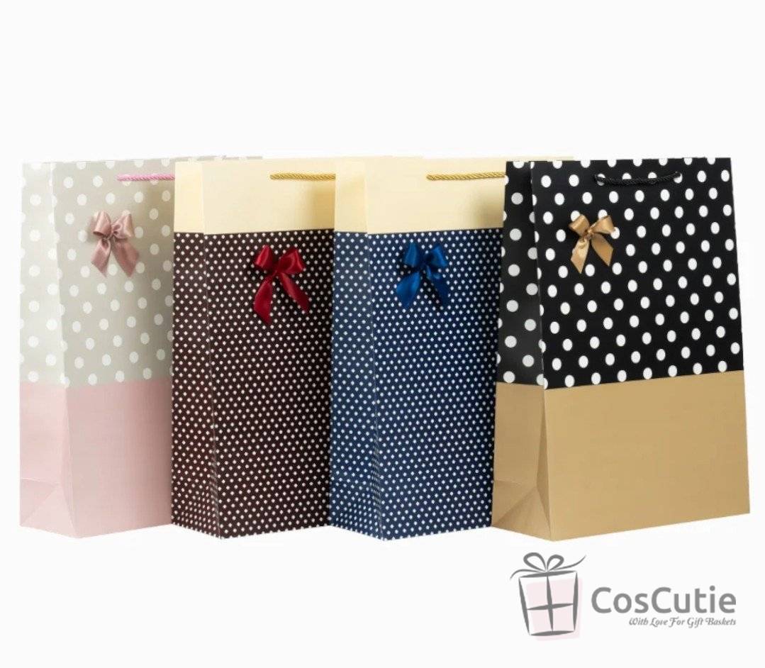 Pungi cadou cu fundita satin, carton rezistent 385g, culori combinate, 26x32x12 cm