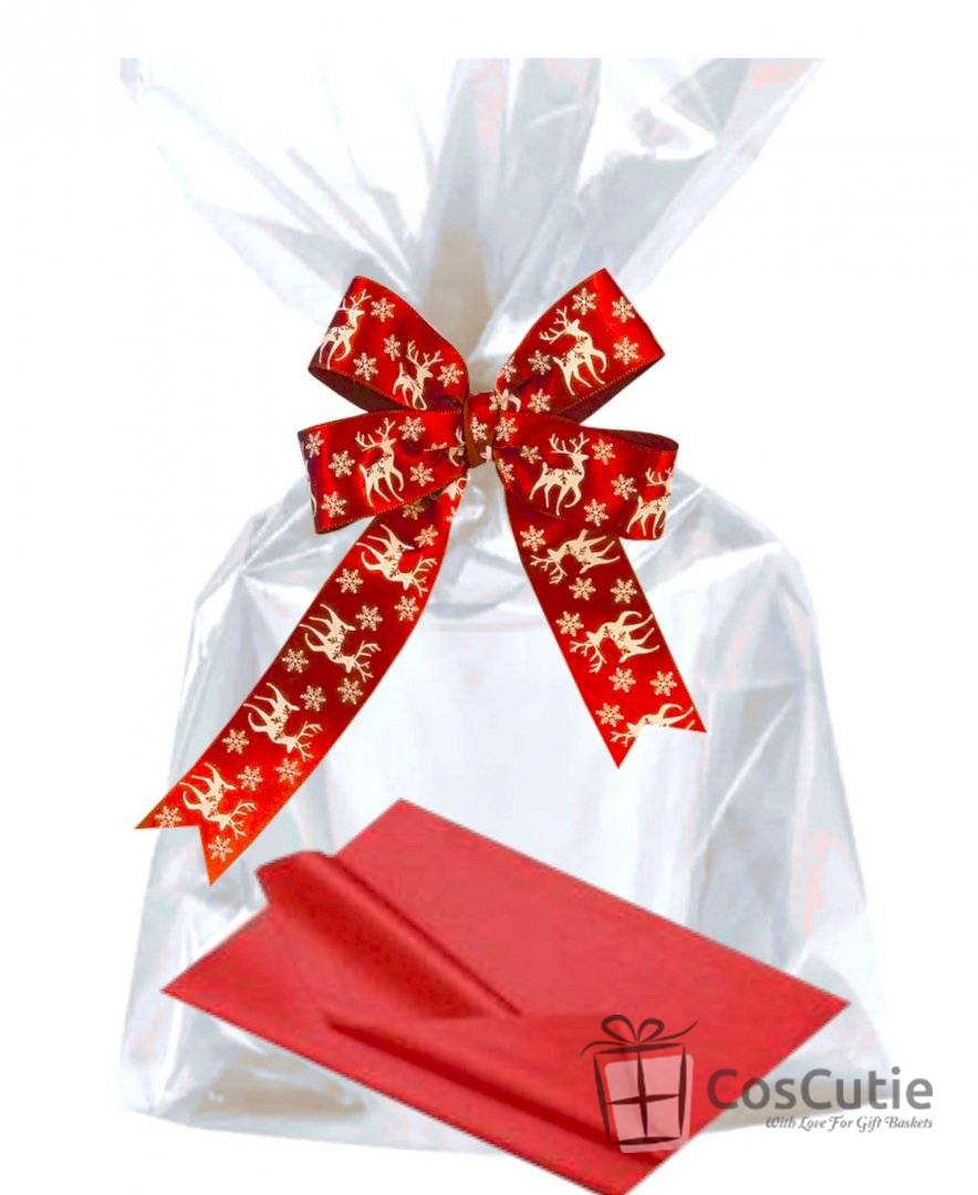 Set ambalare cosuri si cadouri, Pungi celofan 60x85 cm si accesorii decorative Xmas