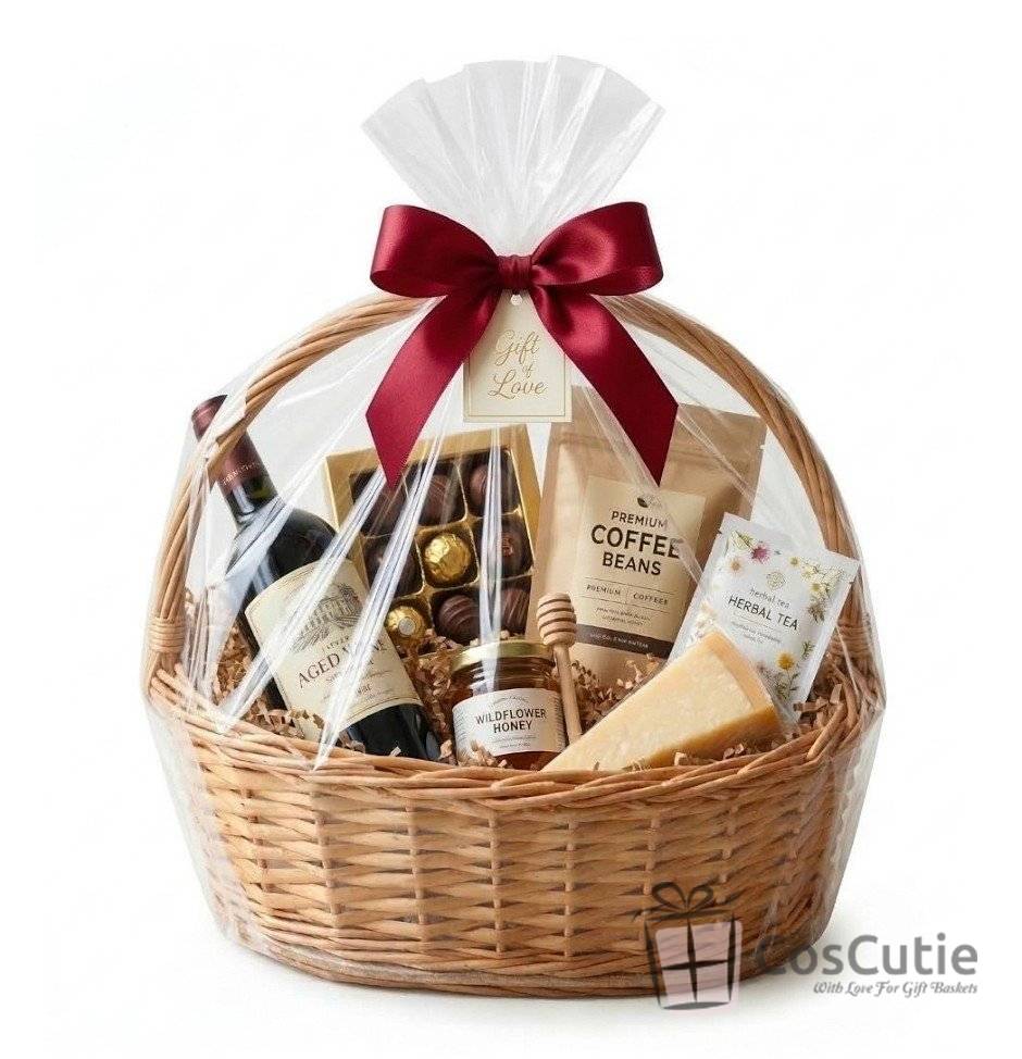 Set ambalare cosuri si cadouri, Pungi celofan 60x85 cm si accesorii decorative