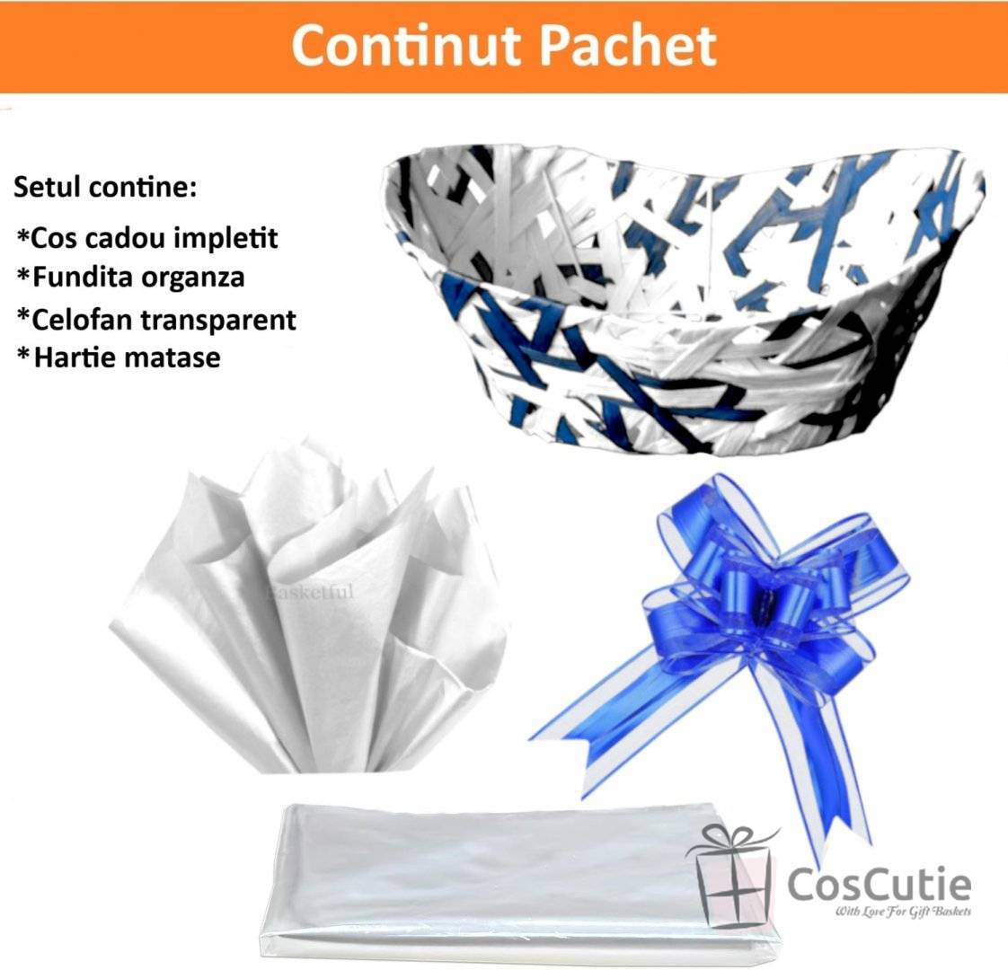 Set cadou complet, Cos impletit + Accesorii decorative, 35x25x11/16cm, Alb/Bleumarin