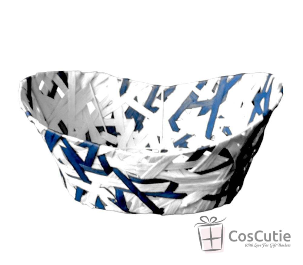 Set cadou complet, Cos impletit + Accesorii decorative, 35x25x11/16cm, Alb/Bleumarin