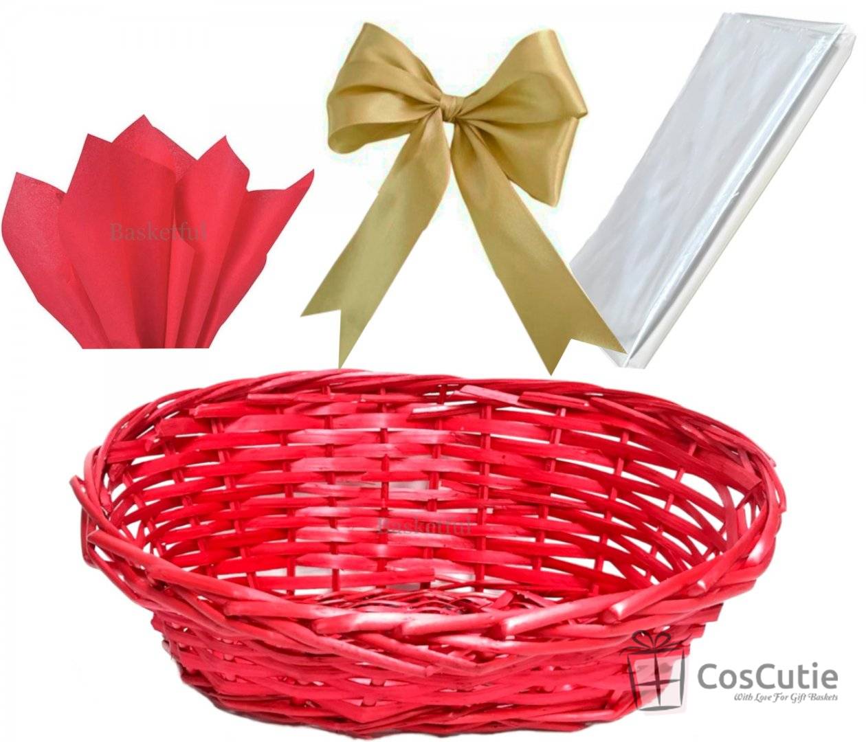 Set cadou Cos Rosu impletit + Accesorii decorative, 33x27x15/8cm