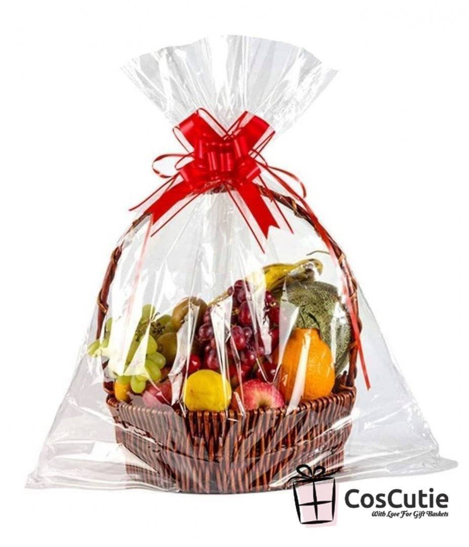 Set ambalare cosuri si cadouri, Pungi celofan 60x85 cm si accesorii decorative