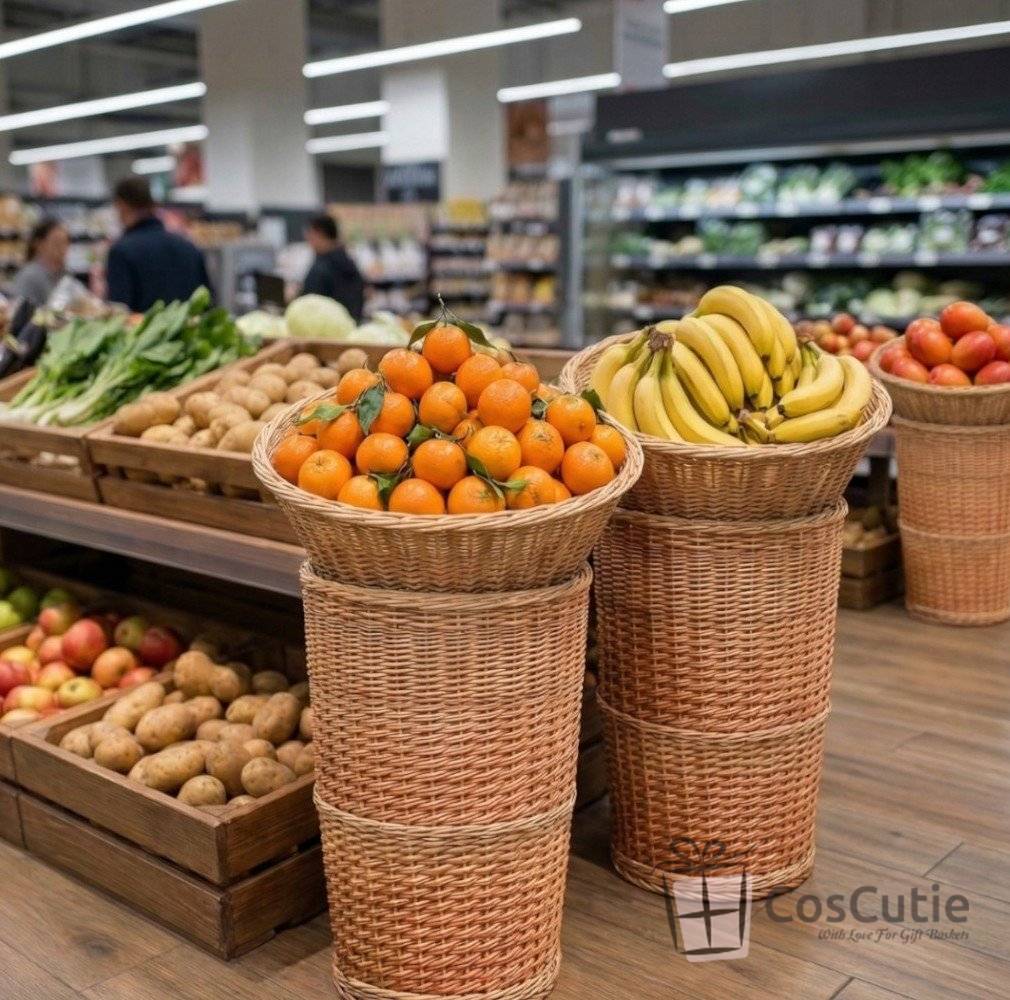 Suport profesional din rachita naturala pentru expunere si depozitare, compus din 2 cosuri, varianta M, 70 cm