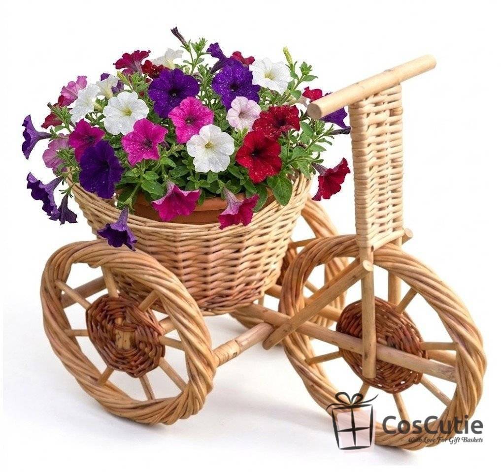 Tricicleta din rachita, cos suport flori, decoratiune rustica 45x30x38 cm