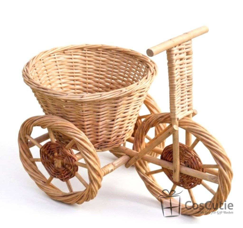 Tricicleta din rachita, cos suport flori, decoratiune rustica 45x30x38 cm