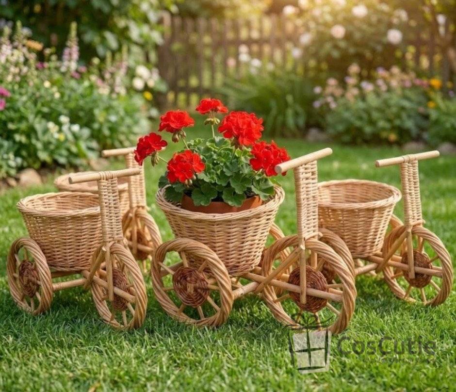 Tricicleta din rachita, cos suport flori, decoratiune rustica 45x30x38 cm