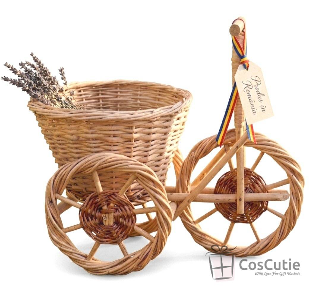 Tricicleta din rachita, cos suport flori, decoratiune rustica 45x30x38 cm