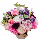 Aranjament floral Premium, trandafiri parfumati, bujori boboci, orhidee, Multicolor, 30x30 cm