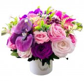 Aranjament floral Premium, trandafiri parfumati, hortensie, margarete, orhidee, Roz/Mov, 30x30 cm