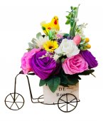 Bicicleta decorativa Paste, trandafiri, orhidee, bujori, flori matase mixt, figurine tematice, 22x22cm, Multicolor