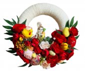 Coronita decorativa Paste, trandafiri, flori matase mixt, Iepuras, figurine tematice, 33 cm, Rosu