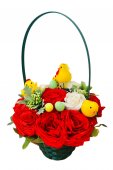 Cos Paste, Aranjament trandafiri artificiali parfumati, figurine tematice, 20x25cm, Rosu