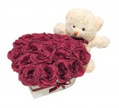 Cutie inima 23 Trandafiri burgundy si Ursulet plus, 20 cm
