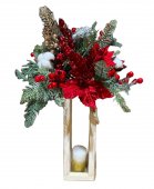 Felinar lemn Aranjament decorativ crengute brad nins, floarea Craciunului, 50cm