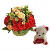 Trandafiri artificial, flori de sapun,ursulet alb cadou, 'I love you'